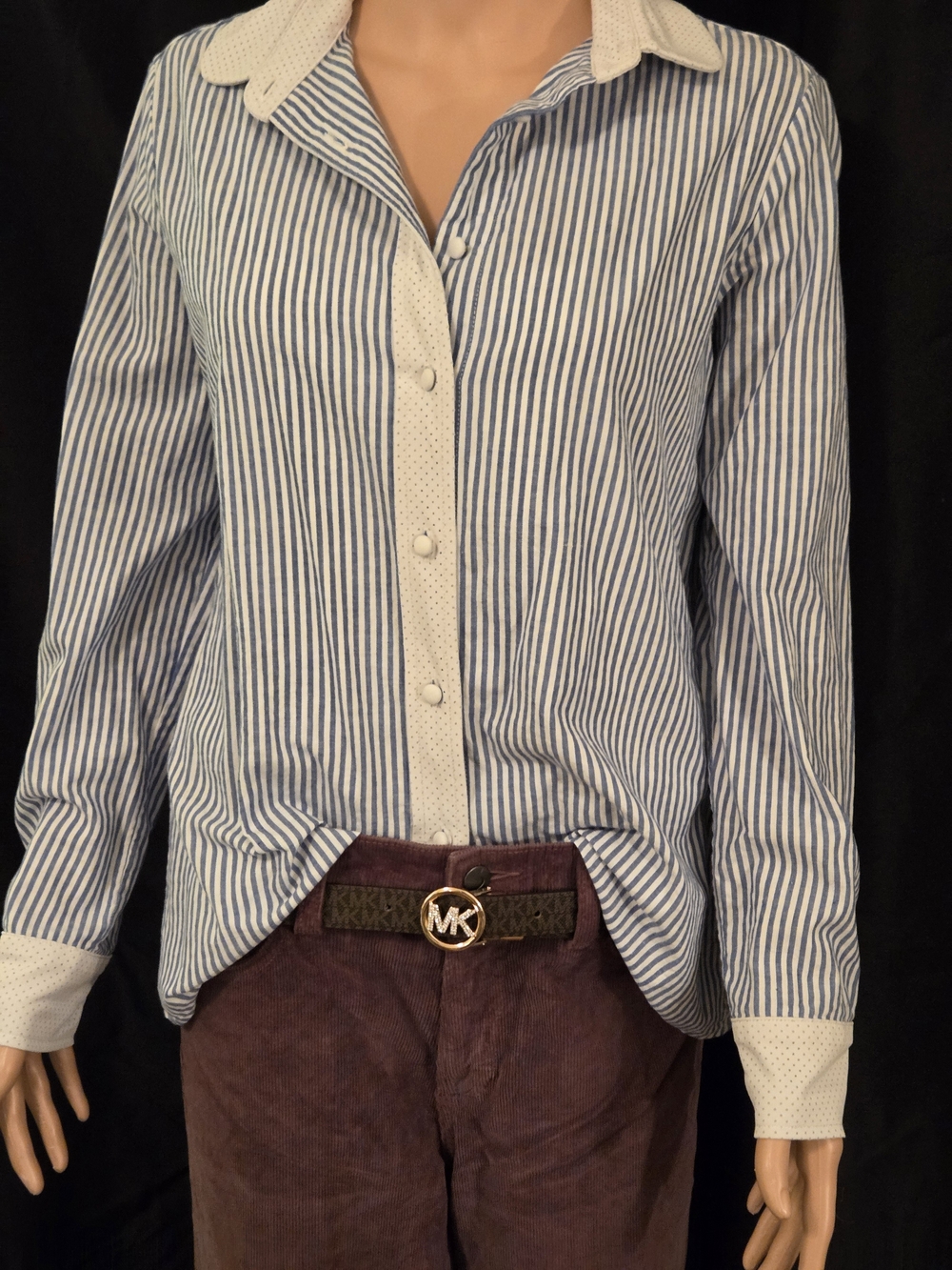 Harvey Faircloth Blue and White Striped Button-Up Shirt with Dotted Swiss Trim